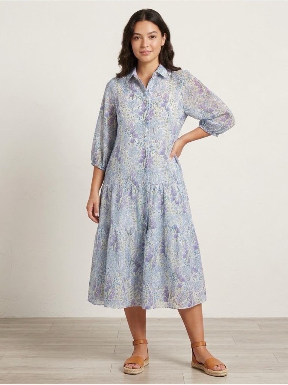 ANN MASHBURN Blue & Purple Floral Button-Front Shirt Dress XS